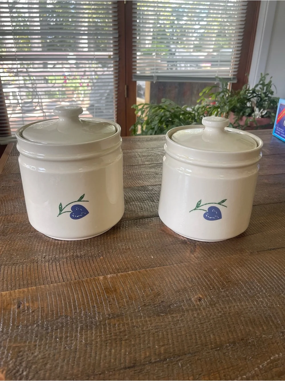 Heath Ceramics Cream Canisters with Blue and Pink Heart Motif